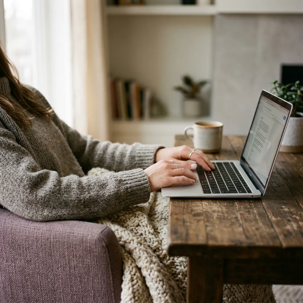 Mujer conectándose a una sesión de terapia online desde casa