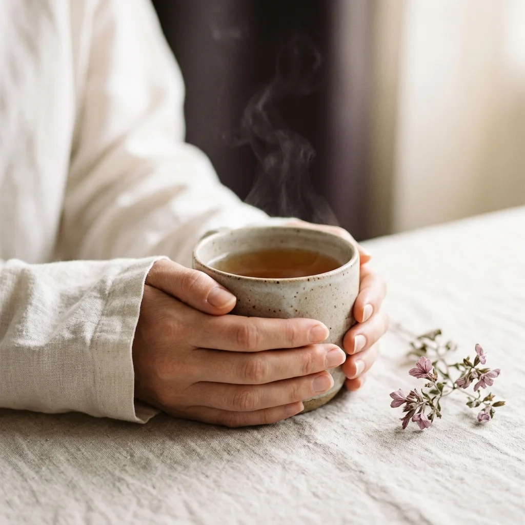 Mujer sosteniendo una taza en un momento de autocuidado